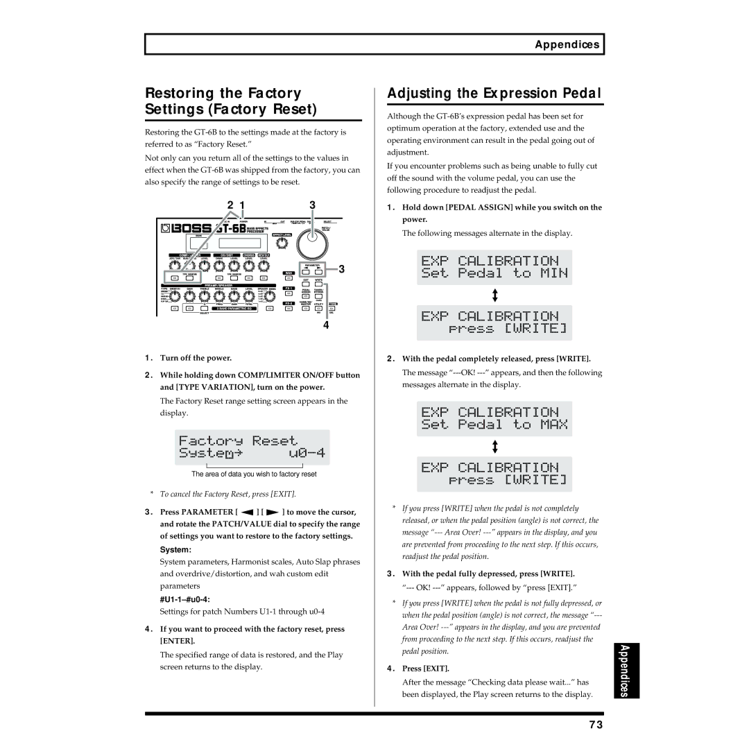Boss Audio Systems GT-6B Restoring the Factory Settings Factory Reset, Adjusting the Expression Pedal, Appendices, System 