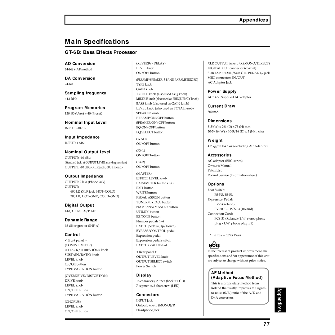 Boss Audio Systems owner manual Main Specifications, GT-6B Bass Effects Processor 