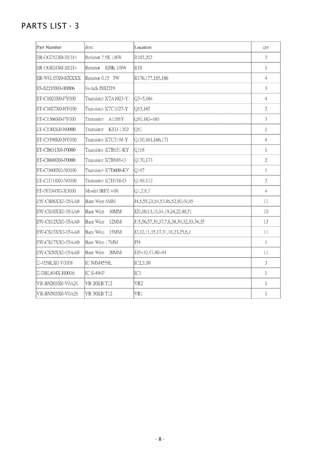 Boss Audio Systems GT1000M service manual Parts List 