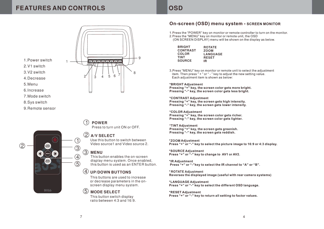 Boss Audio Systems HIR70BL, HIR70TA, HIR70GR manual Features and Controls OSD 