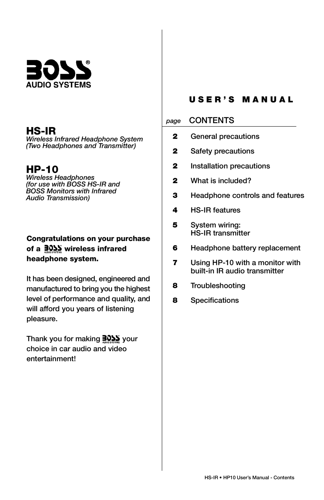 Boss Audio Systems HS-IR, HP-10 user manual Hs-Ir, E R ’ S M a N U a L 