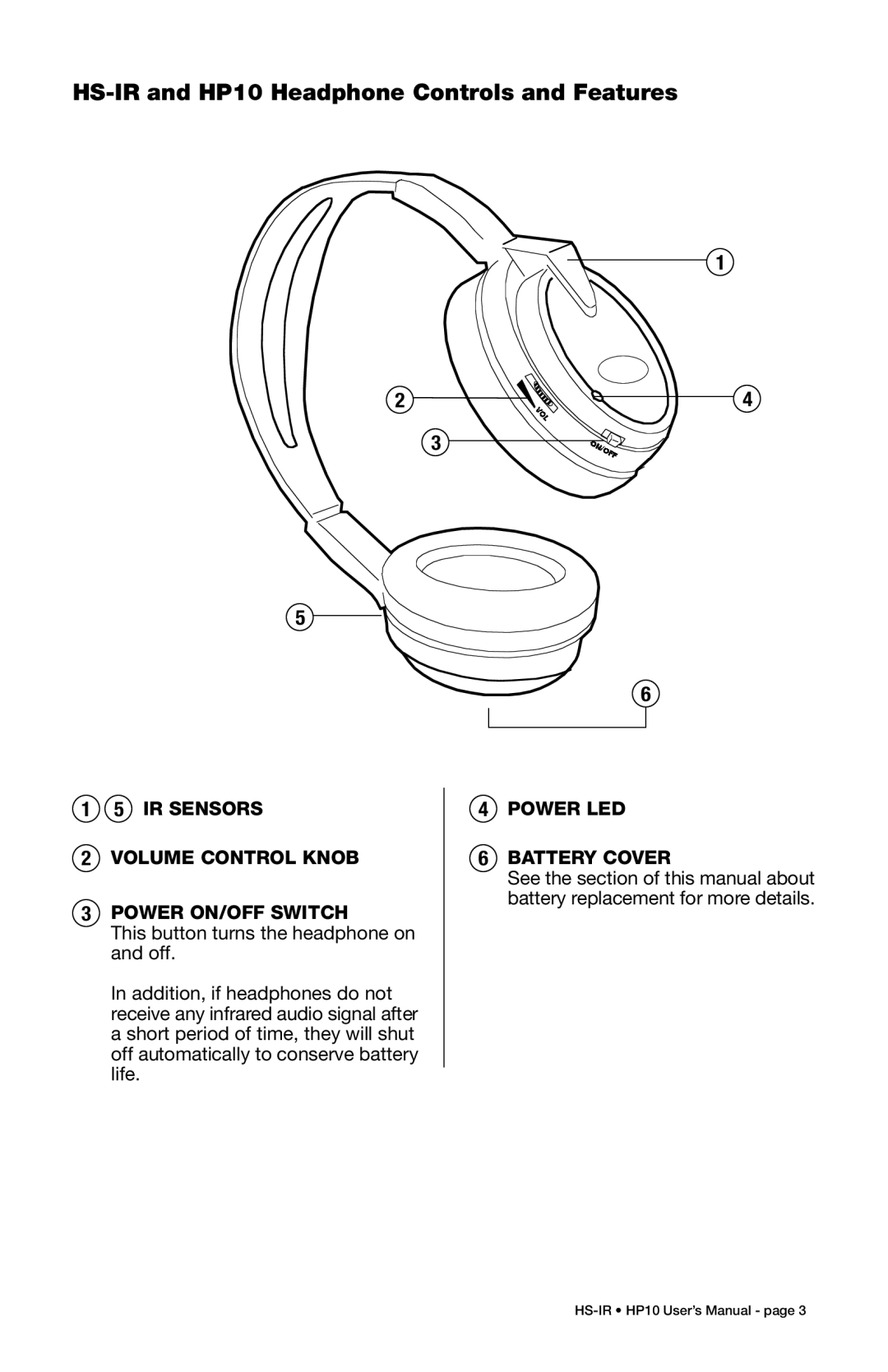 Boss Audio Systems HS-IR and HP10 Headphone Controls and Features, IR Sensors Volume Control Knob Power ON/OFF Switch 