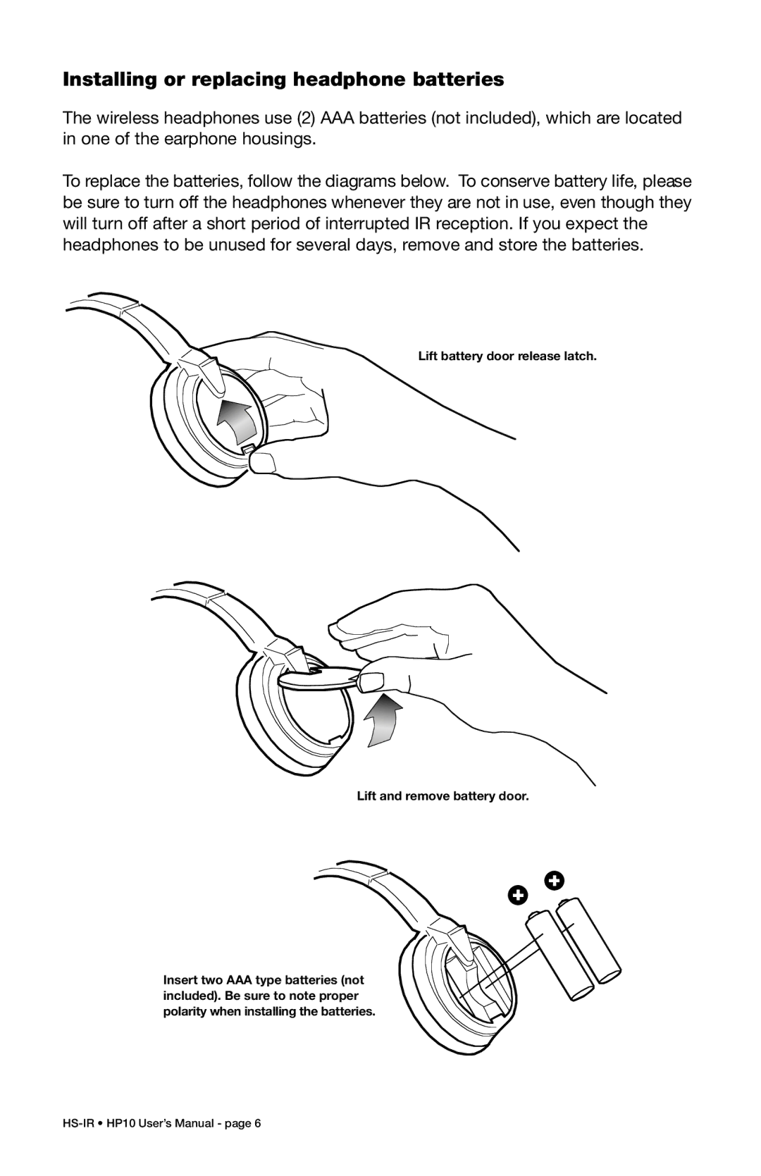 Boss Audio Systems HP-10, HS-IR user manual Installing or replacing headphone batteries 