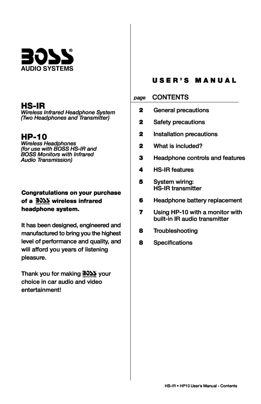 Boss Audio Systems HS-IR user manual U S E R ’ S M A N U A L, Congratulations on your purchase, Hs-Ir, HP-10, page CONTENTS 