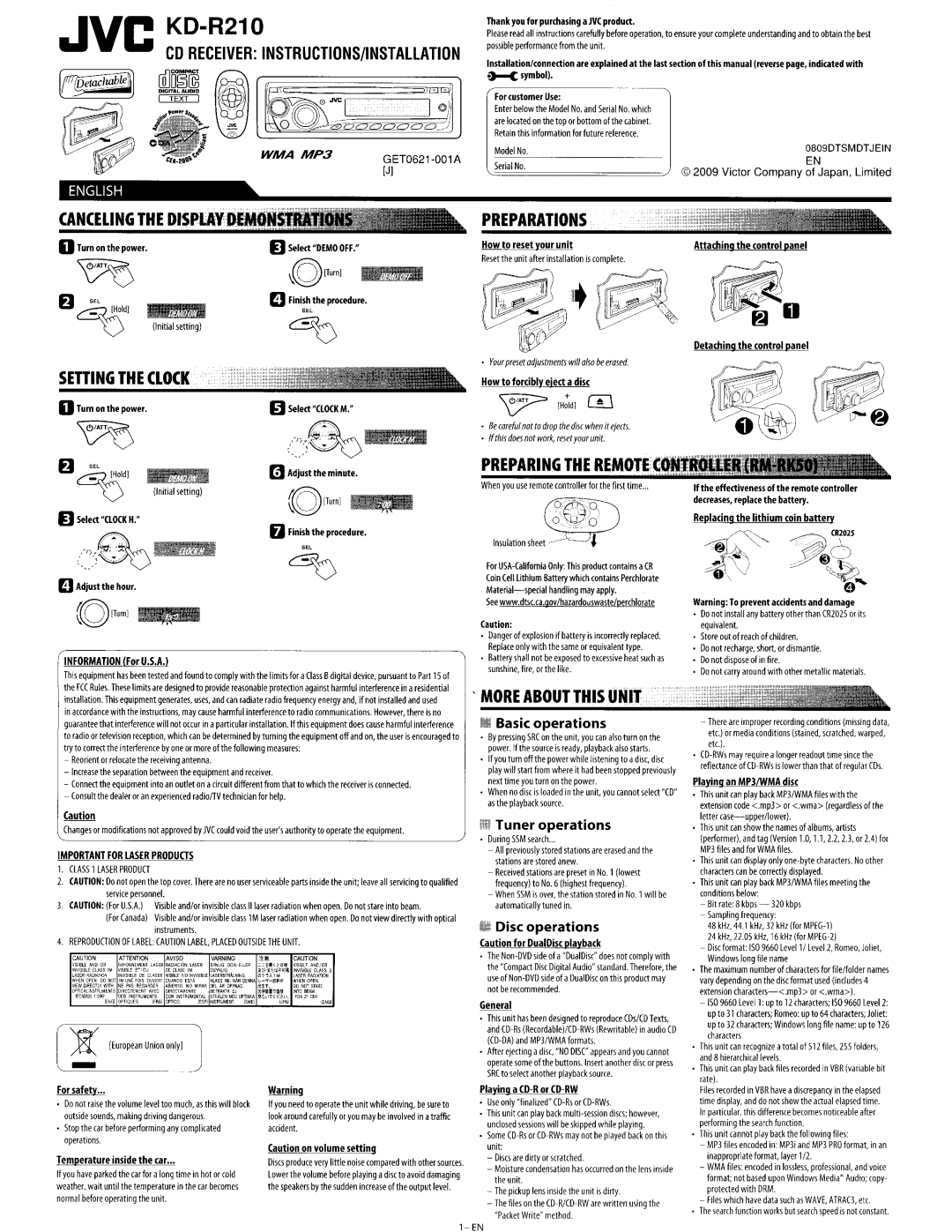 Boss Audio Systems KD-R210 user service Model No, Serial No, How to reset your unit, Turn on the power Il Select Clock M 