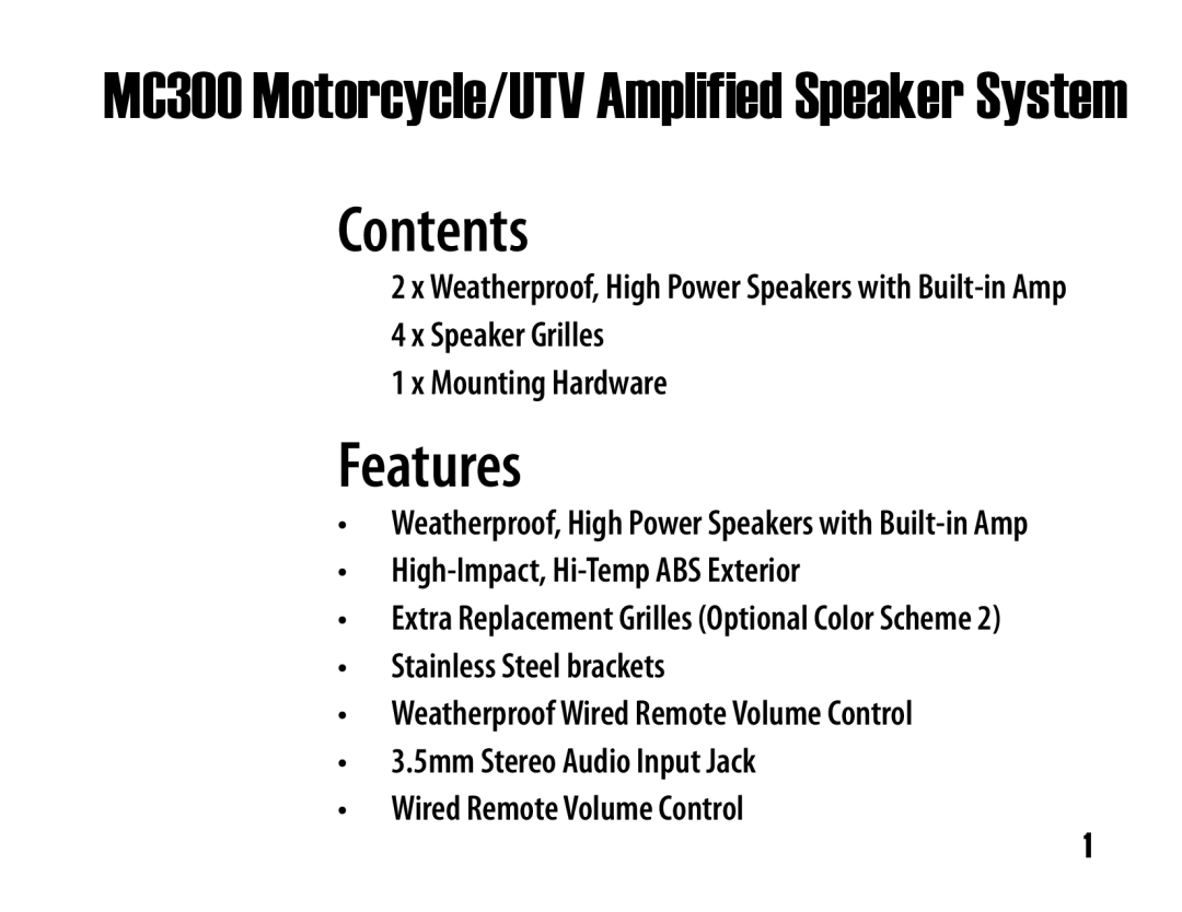 Boss Audio Systems MC300 user manual Contents 