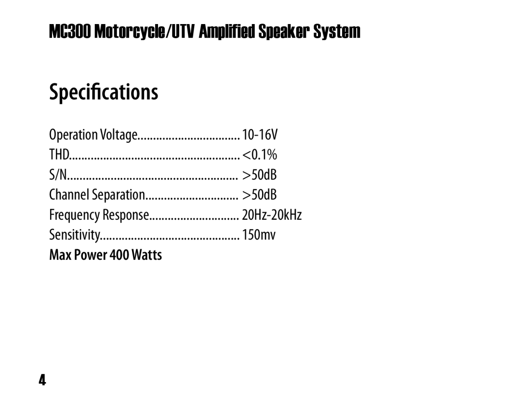 Boss Audio Systems MC300 user manual Specifications 