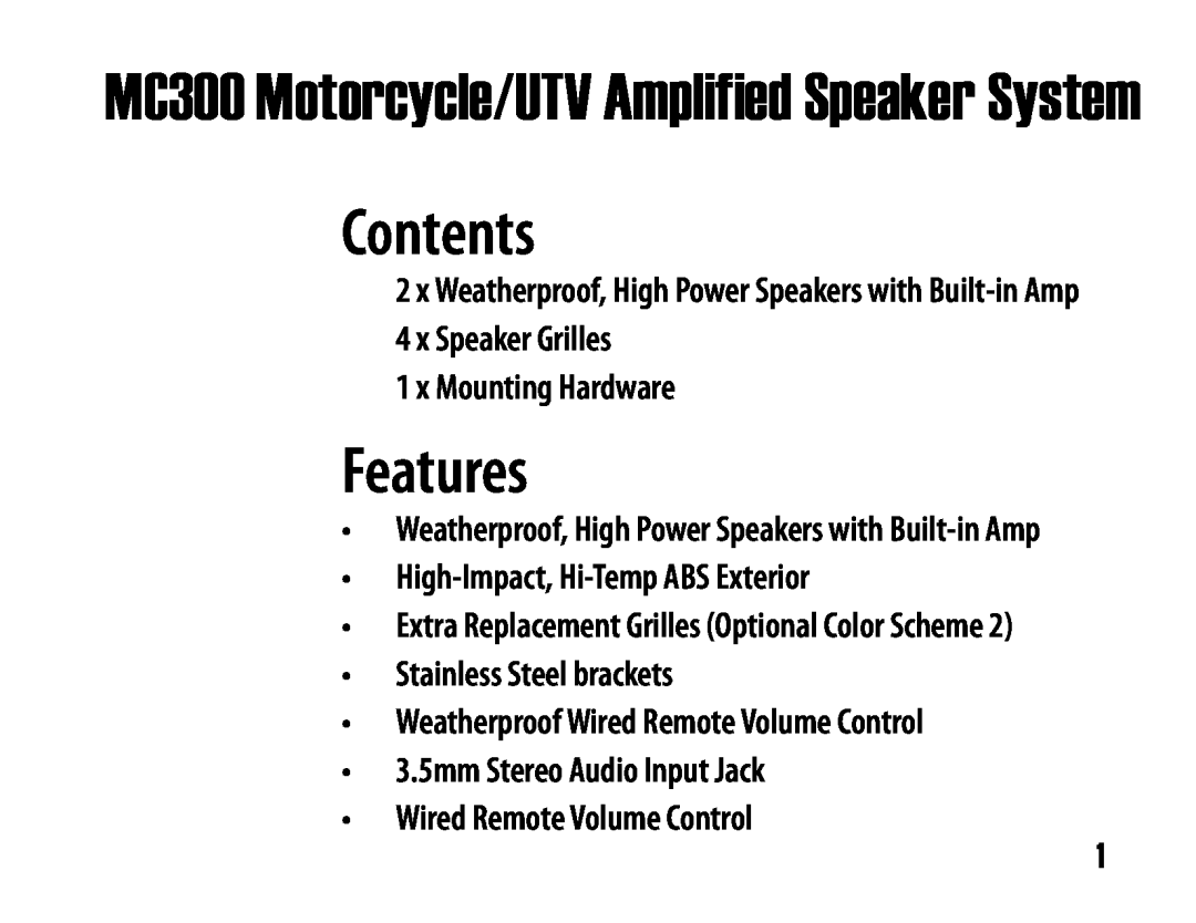 Boss Audio Systems user manual MC300 Motorcycle/UTV Amplified Speaker System, Contents, Features 
