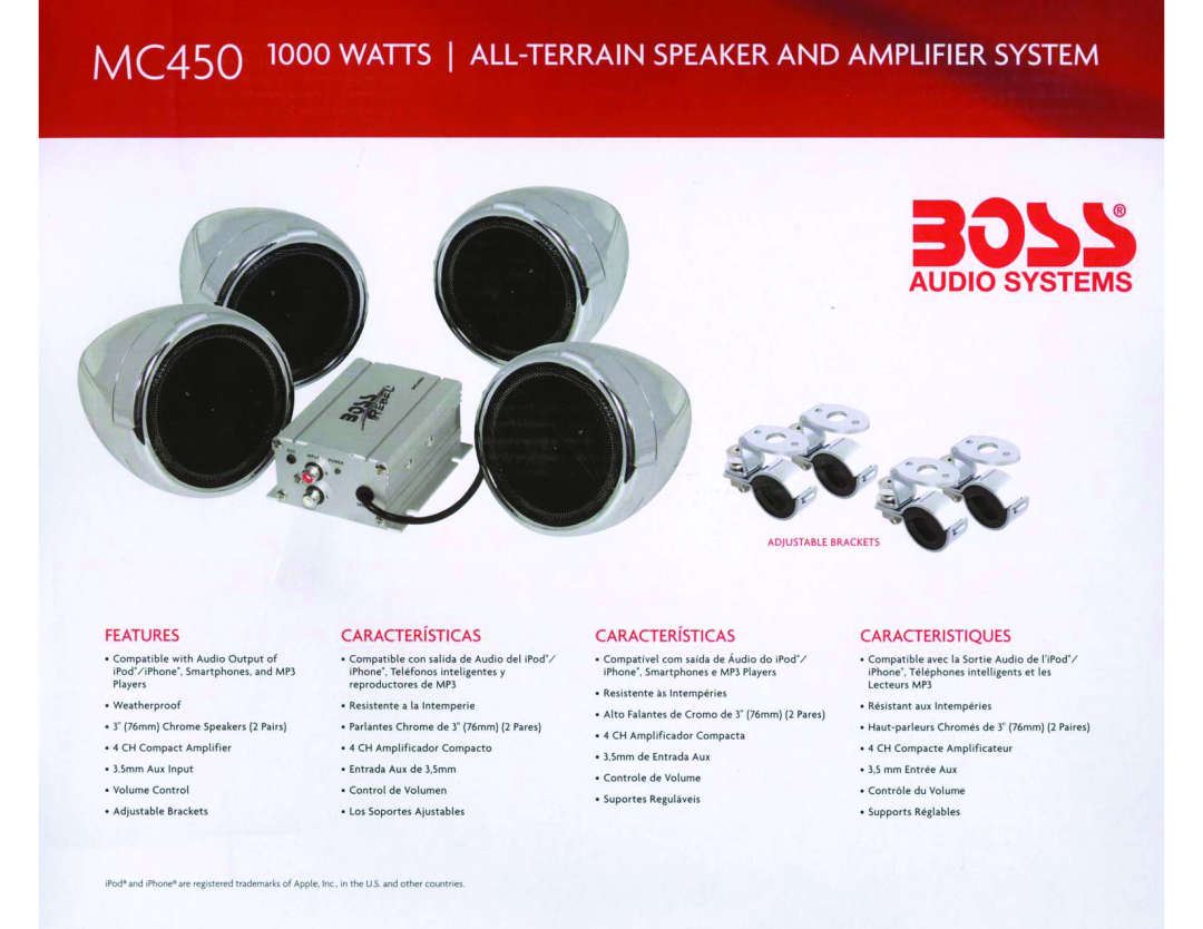 Boss Audio Systems MC450 user manual Bo~S, Audio Systems, CARACTERfSTICAS, Caracteristiques, Features 