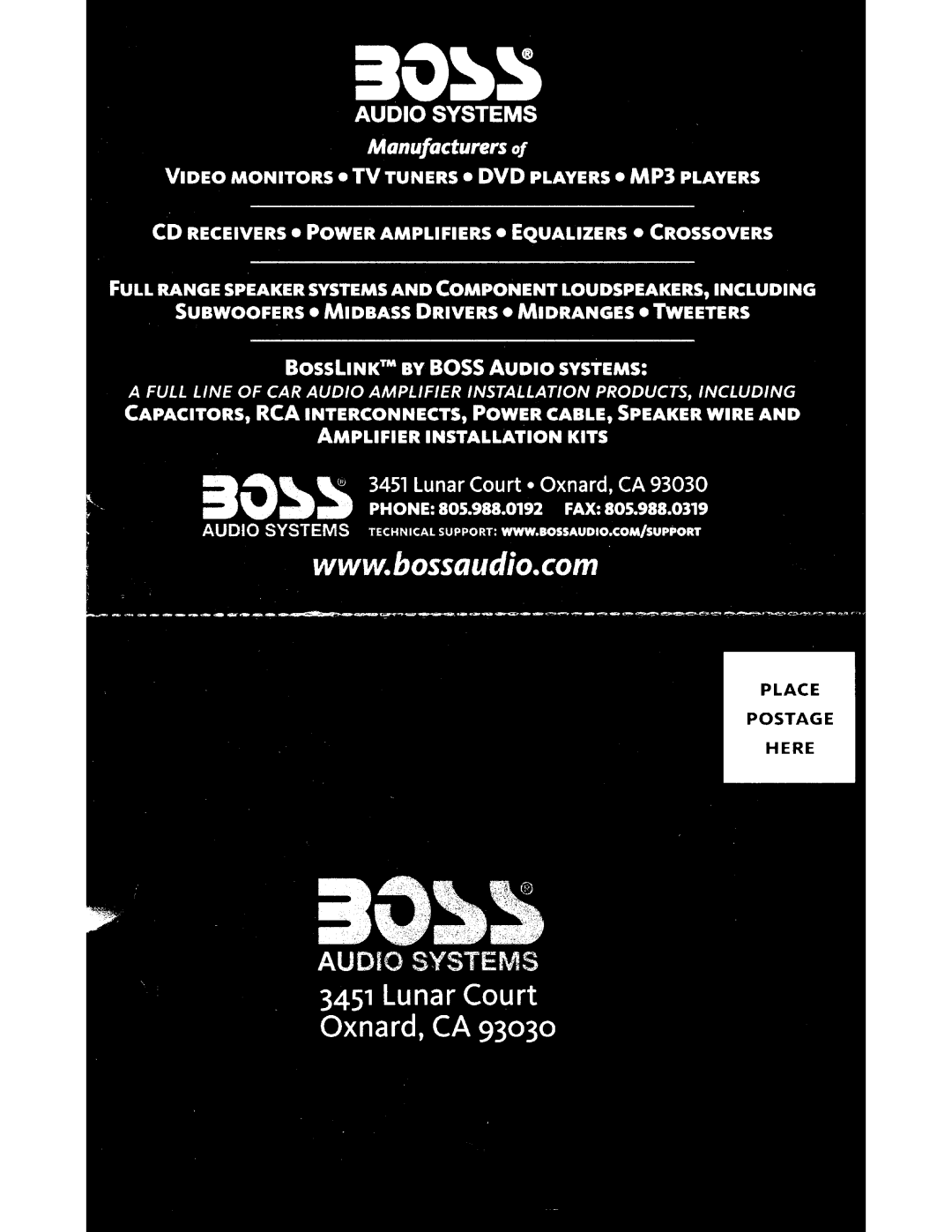 Boss Audio Systems MC450 user manual Place Postage Here 