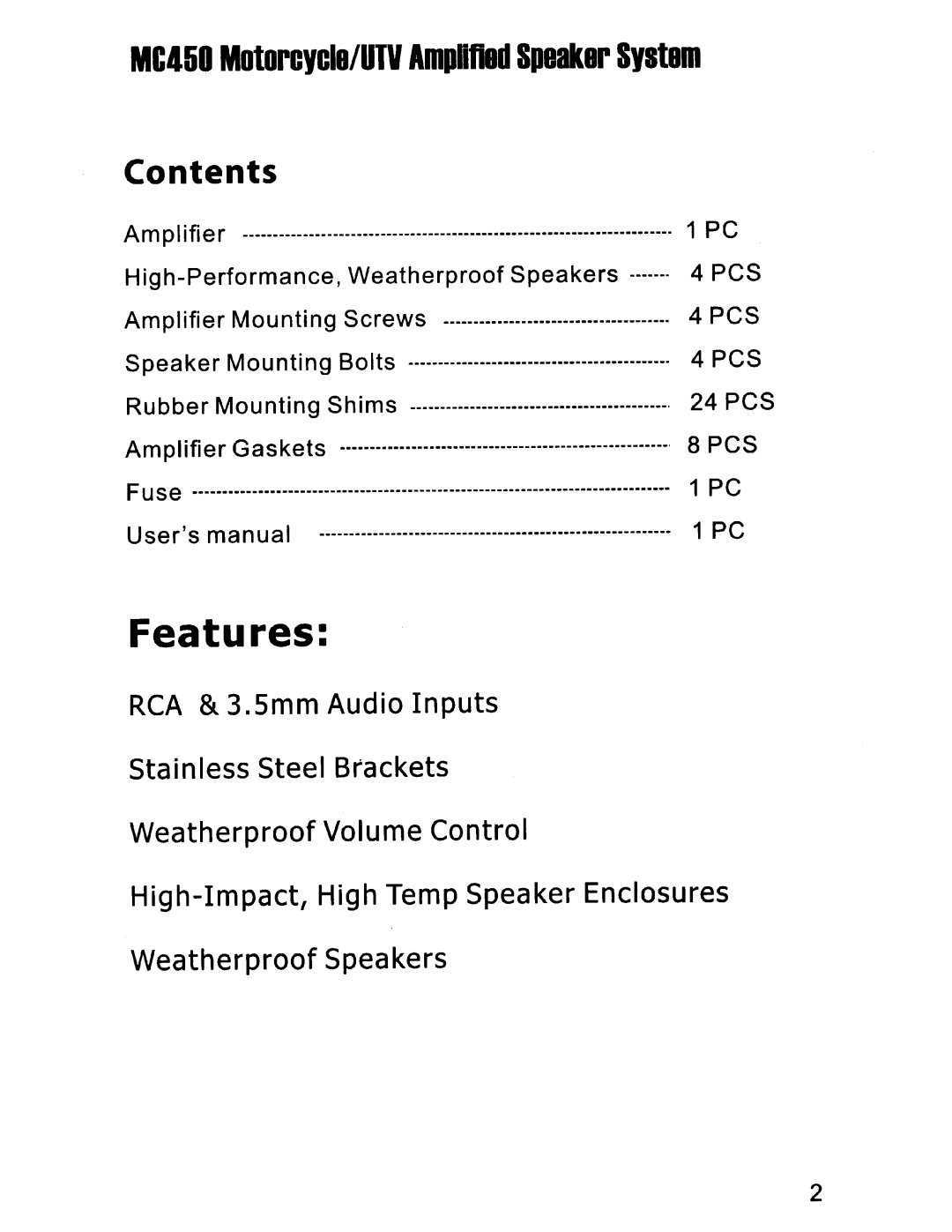 Boss Audio Systems MC450 user manual System, Features, Contents 