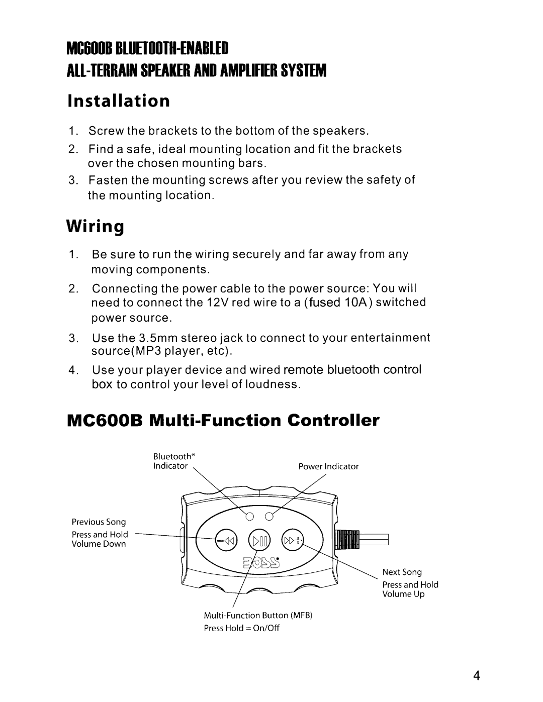 Boss Audio Systems user manual MC6DOB BLUETDDTH-ENABLED, Installation, Wiring, MC600B Multi-FunctionController 