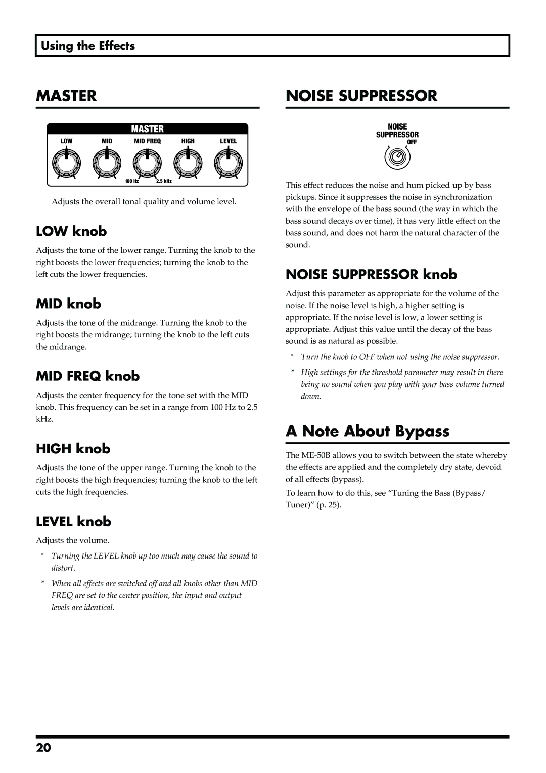 Boss Audio Systems ME-50B owner manual LOW knob, MID knob, MID Freq knob, High knob, Noise Suppressor knob 