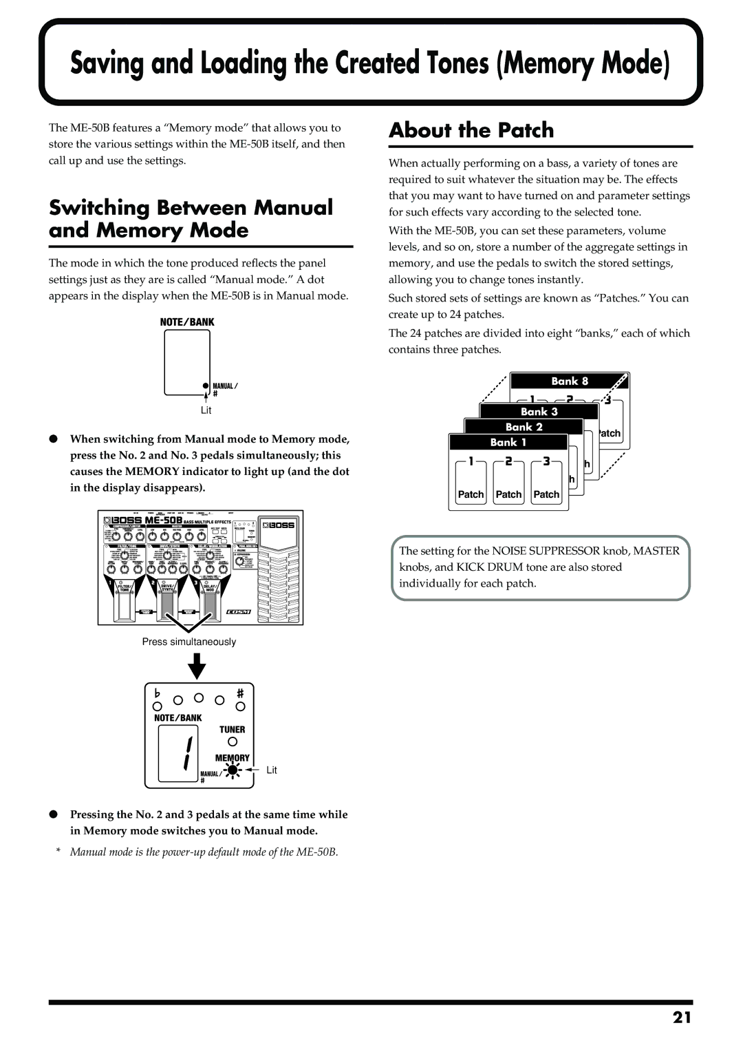 Boss Audio Systems ME-50B owner manual Switching Between Manual and Memory Mode, About the Patch 