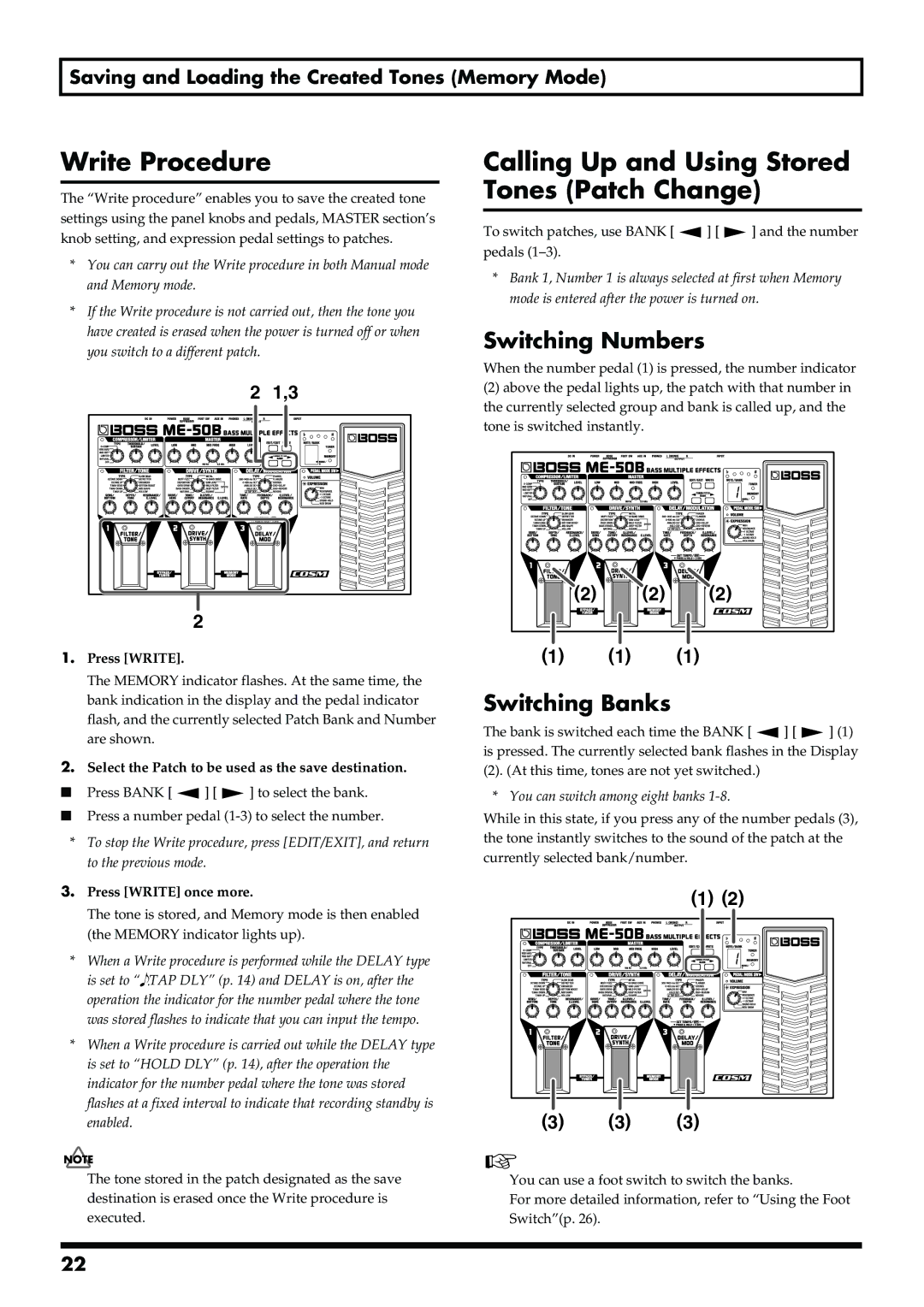 Boss Audio Systems ME-50B owner manual Write Procedure, Calling Up and Using Stored Tones Patch Change, Switching Numbers 