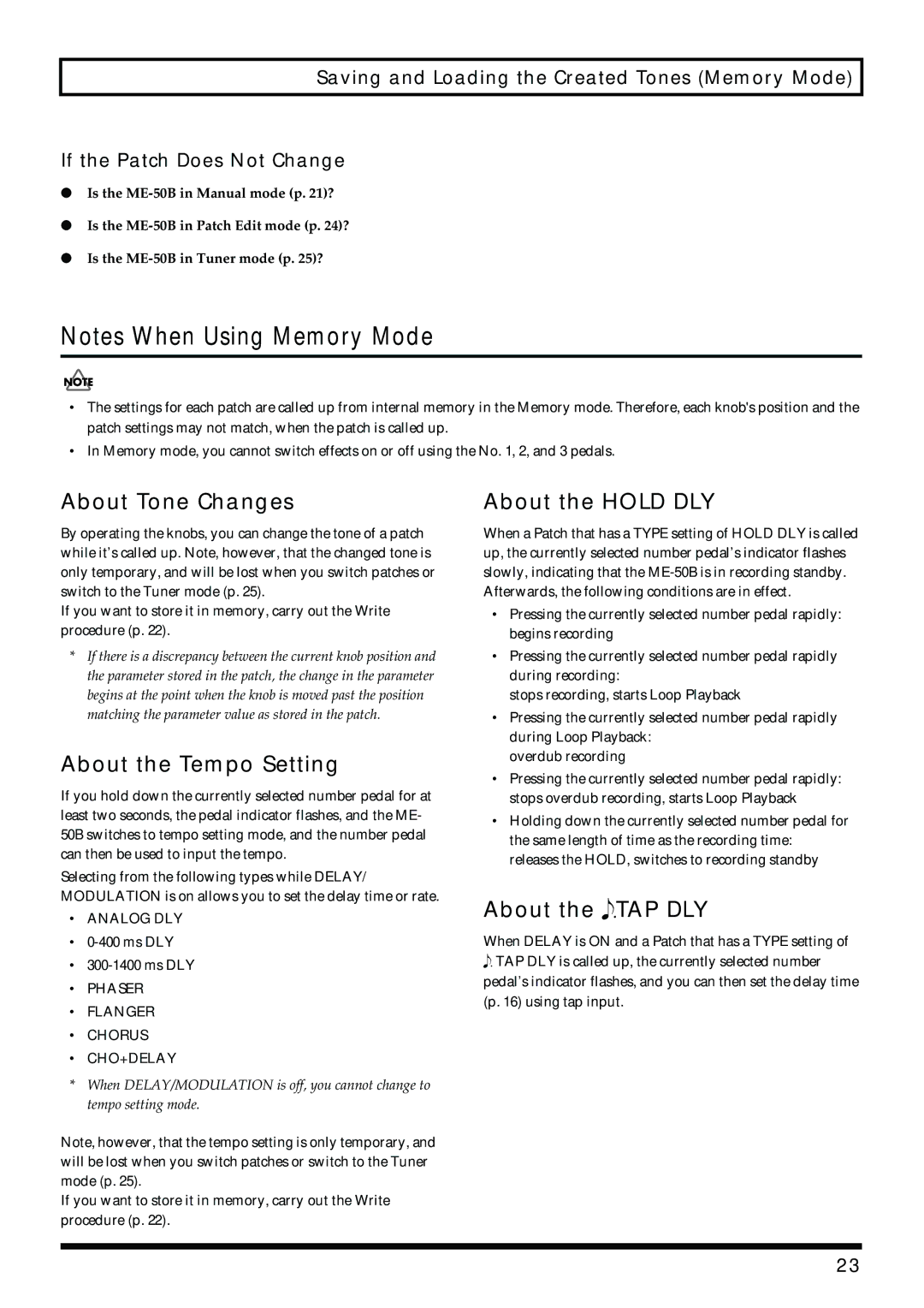 Boss Audio Systems ME-50B owner manual About Tone Changes, About the Tempo Setting, About the Hold DLY, About the TAP DLY 