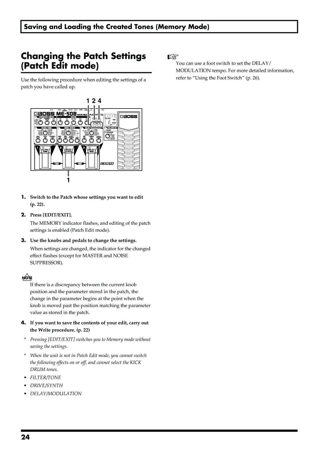 Boss Audio Systems ME-50B Changing the Patch Settings Patch Edit mode, Filter/Tone Drive/Synth Delay/Modulation 