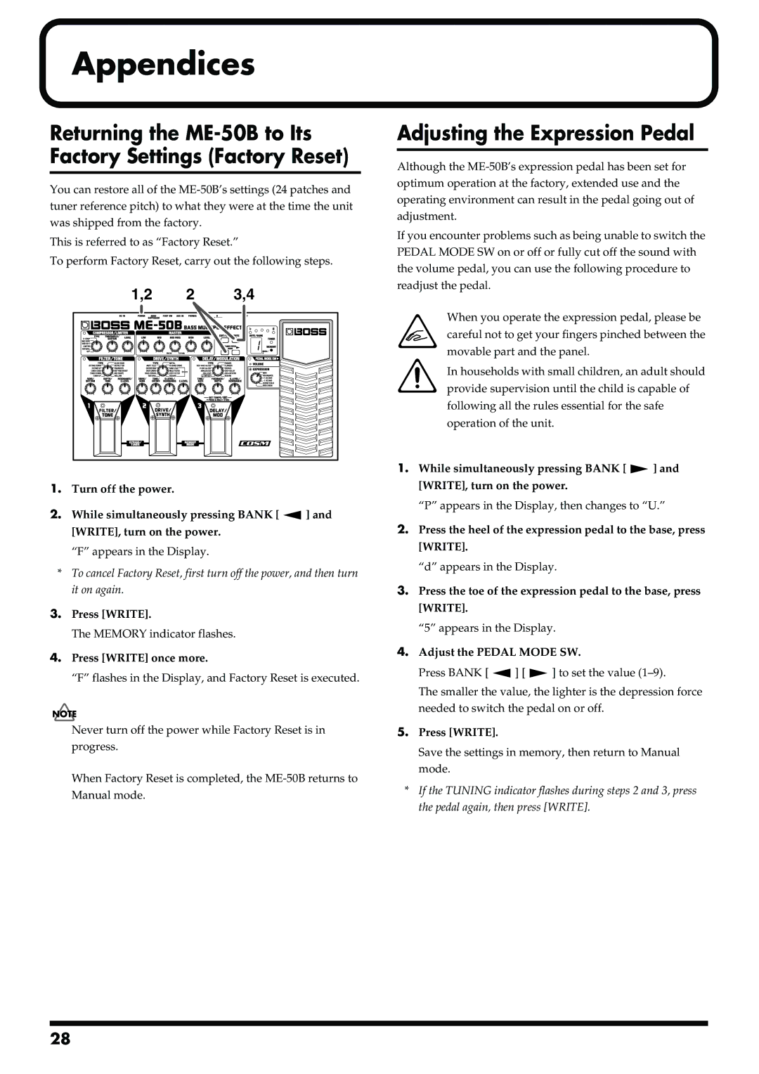 Boss Audio Systems ME-50B owner manual Appendices, Adjusting the Expression Pedal, Adjust the Pedal Mode SW 