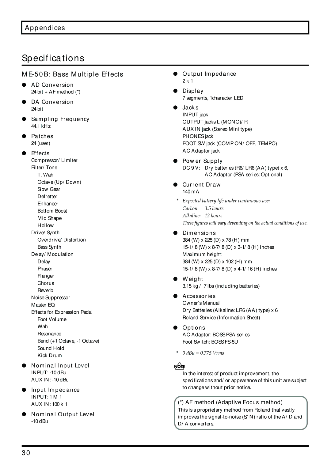 Boss Audio Systems owner manual Specifications, ME-50B Bass Multiple Effects 