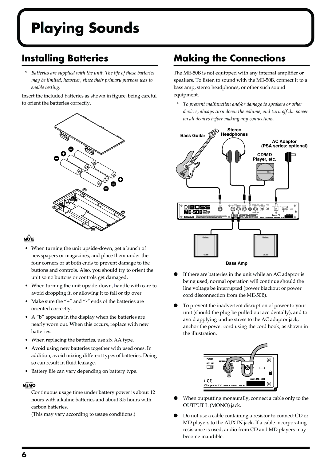 Boss Audio Systems ME-50B owner manual Playing Sounds, Installing Batteries, Making the Connections 