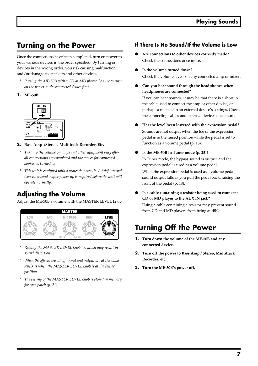 Boss Audio Systems ME-50B owner manual Turning on the Power, Turning Off the Power, Adjusting the Volume 