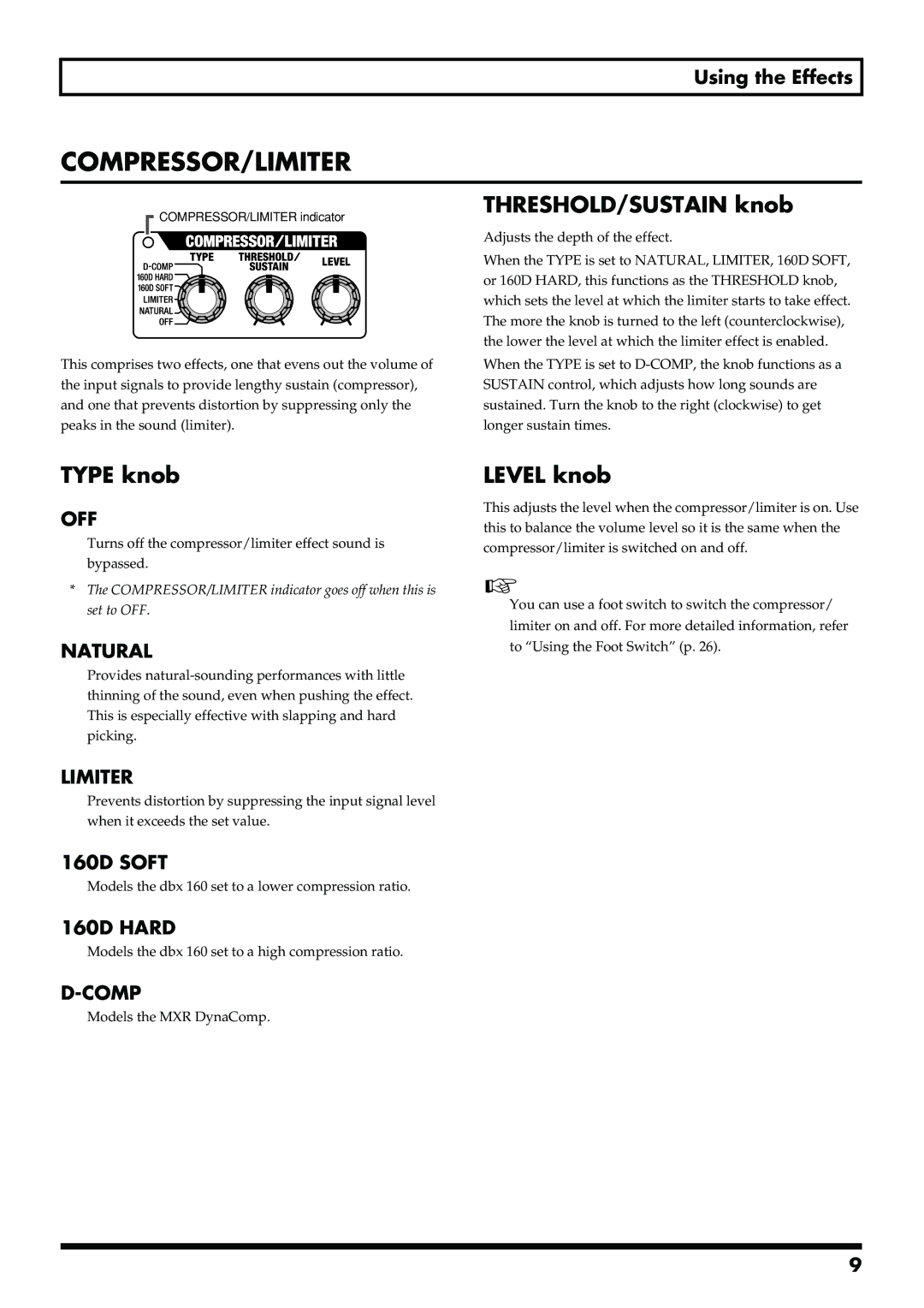 Boss Audio Systems ME-50B owner manual THRESHOLD/SUSTAIN knob, Type knob, Level knob 