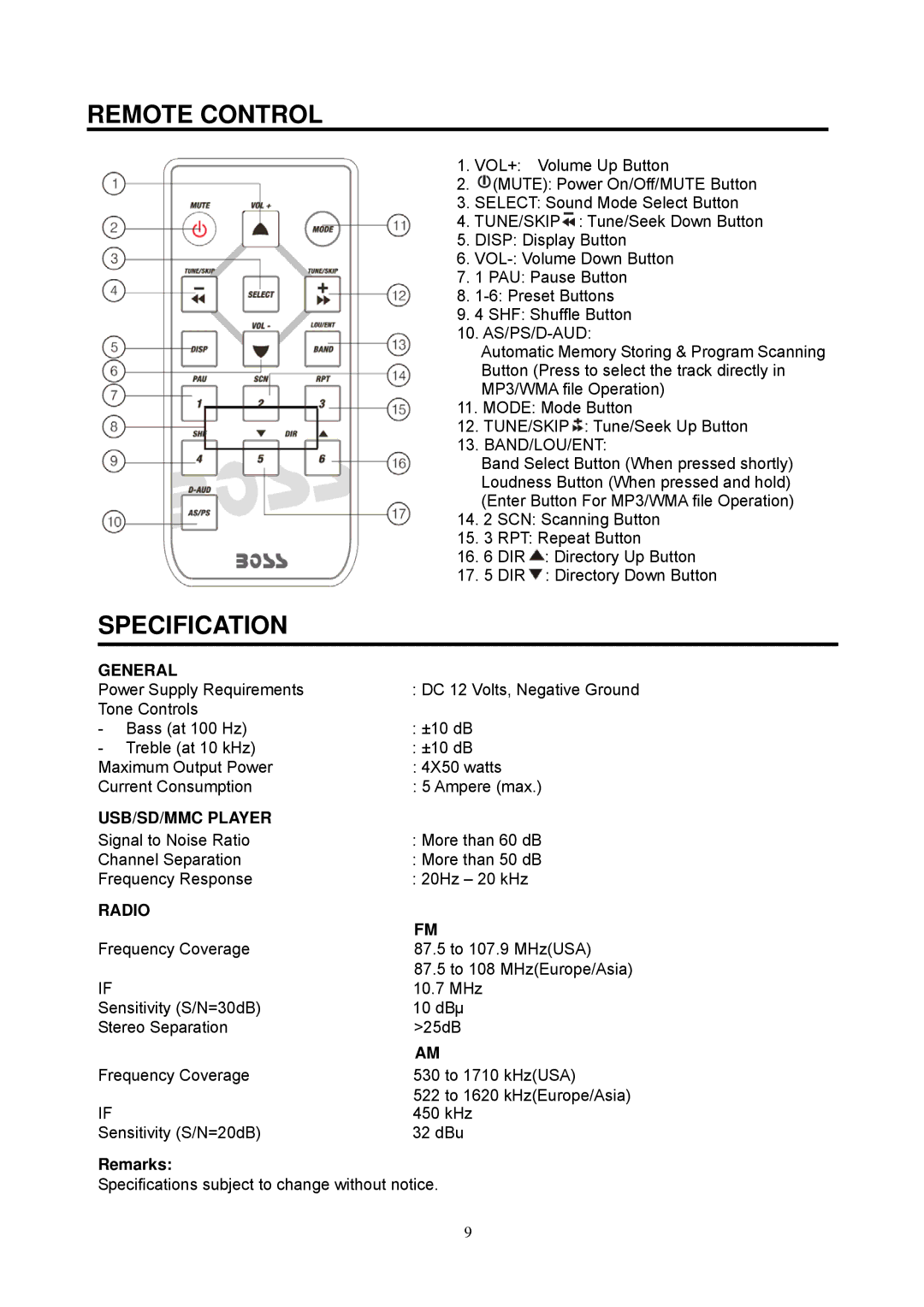 Boss Audio Systems MR1305WUA manual Remote Control, Specification, General, USB/SD/MMC Player, Radio 