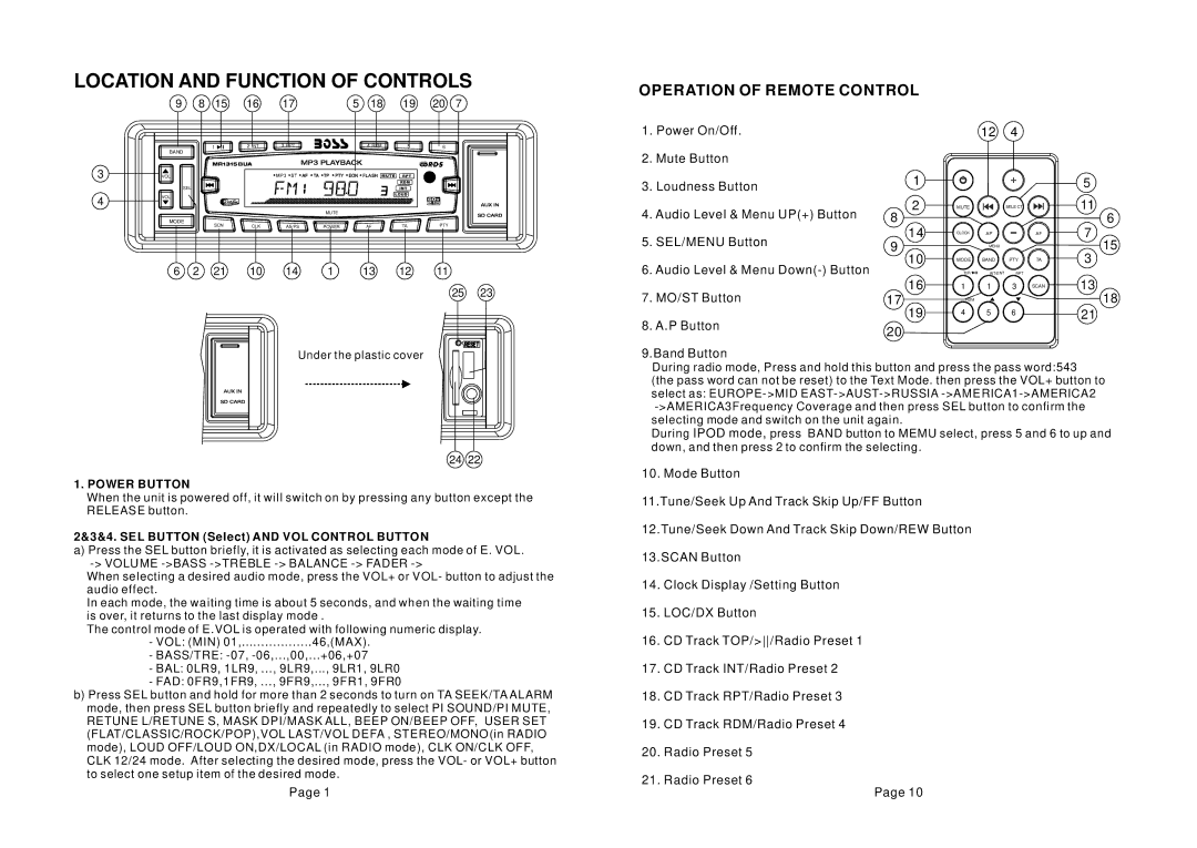 Boss Audio Systems mr1315bua manual Location and Function of Controls, Power Button 