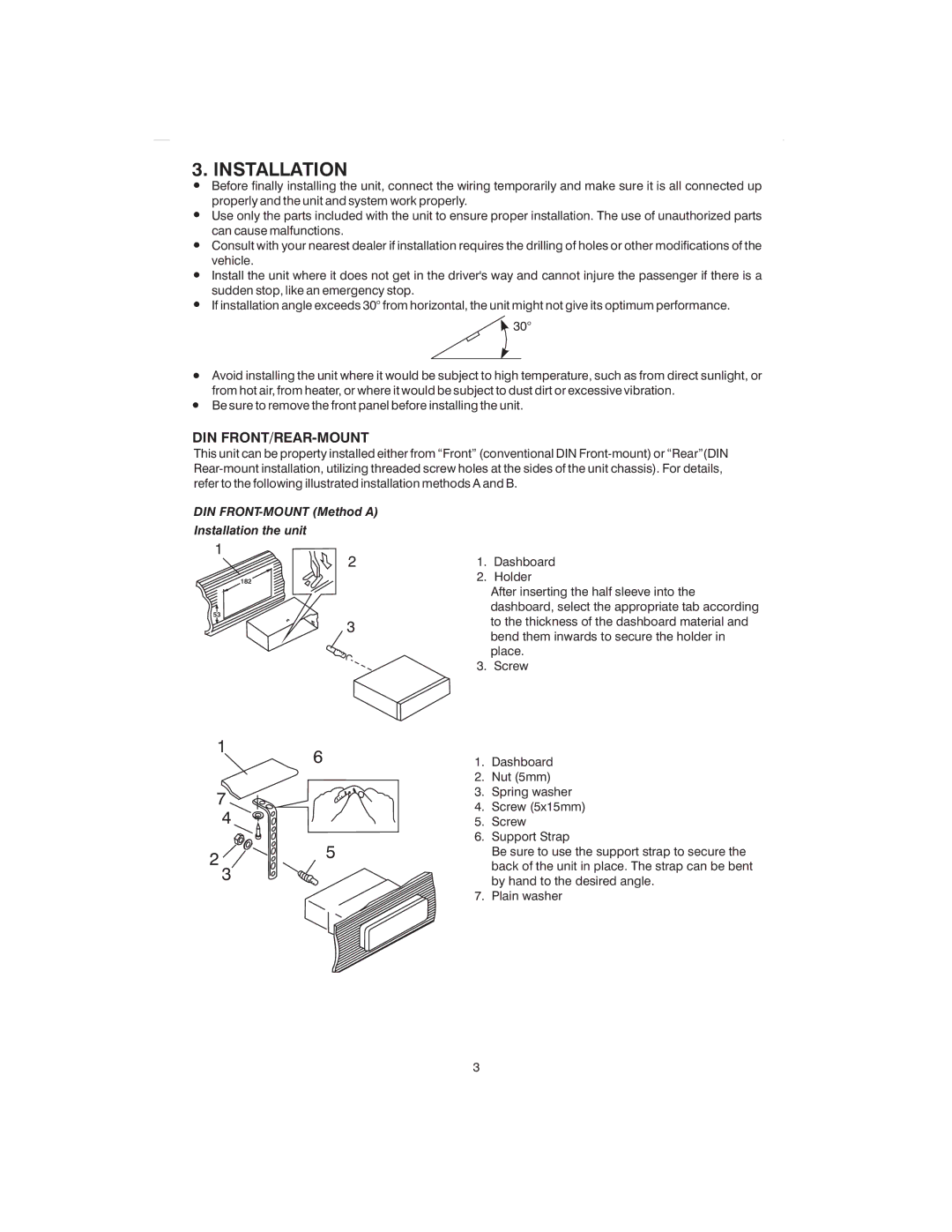 Boss Audio Systems MR1400S, MR1400W manual DIN FRONT-MOUNT Method a Installation the unit 