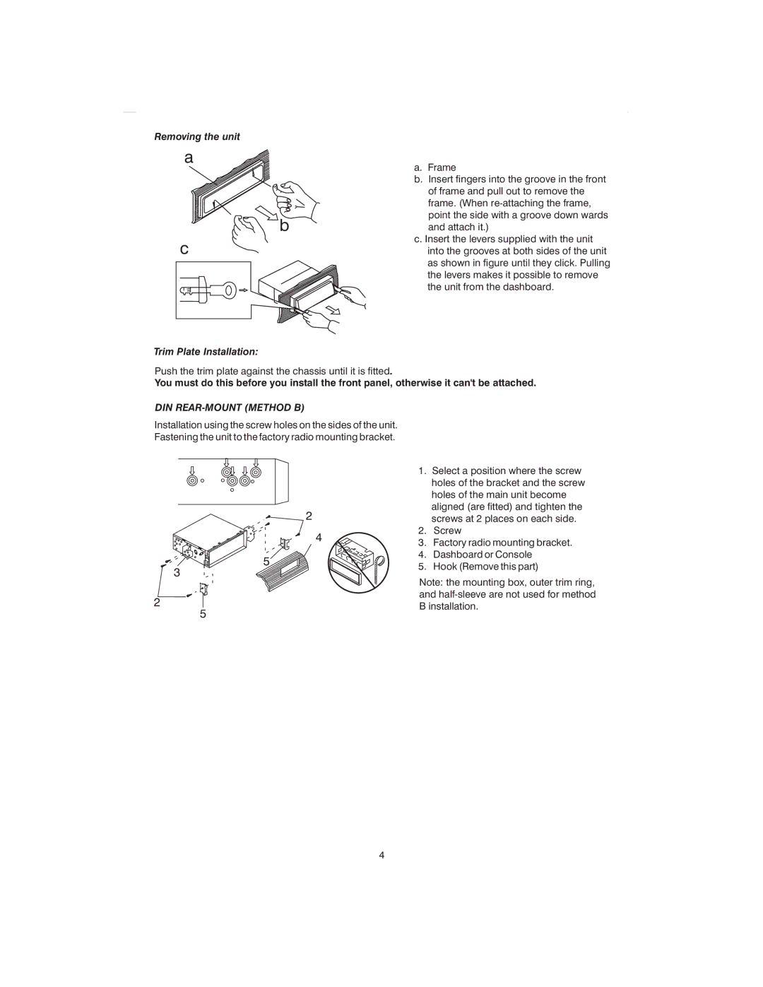 Boss Audio Systems MR1400W, MR1400S manual Removing the unit Trim Plate Installation, DIN REAR-MOUNT Method B 