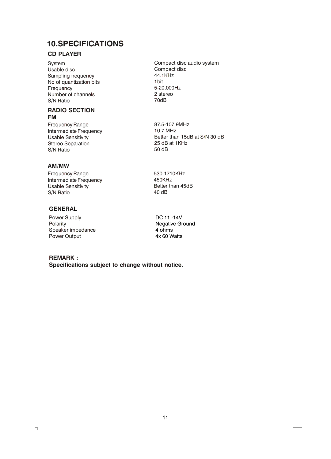 Boss Audio Systems MR1400S manual Specifications, CD Player 