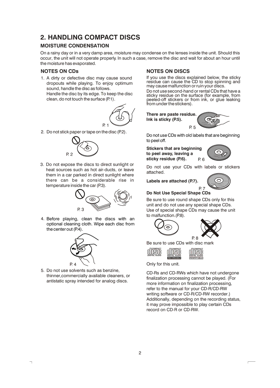 Boss Audio Systems MR1400S manual Handling Compact Discs, Moisture Condensation 