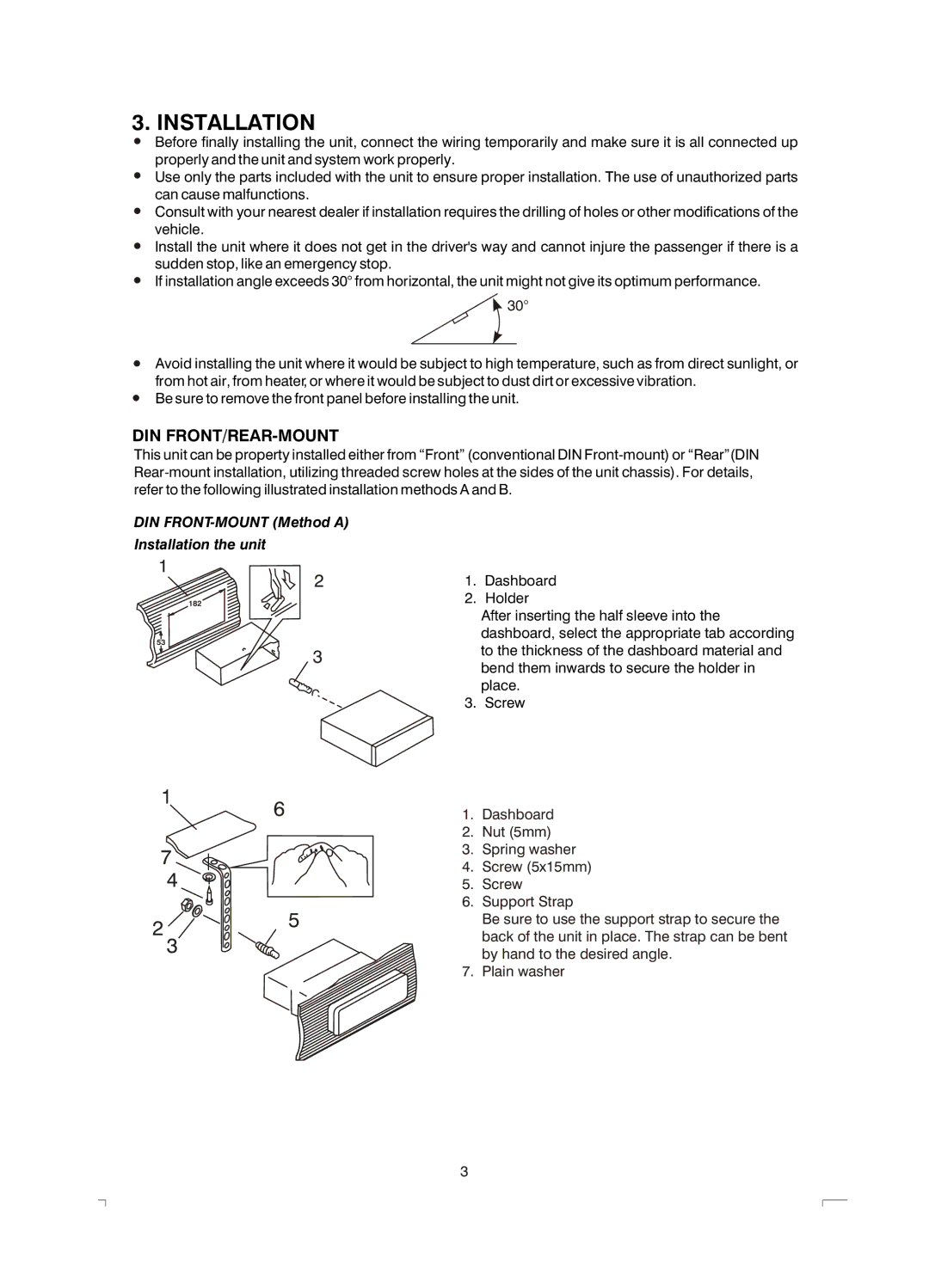 Boss Audio Systems MR1400S manual DIN FRONT-MOUNT Method a Installation the unit 