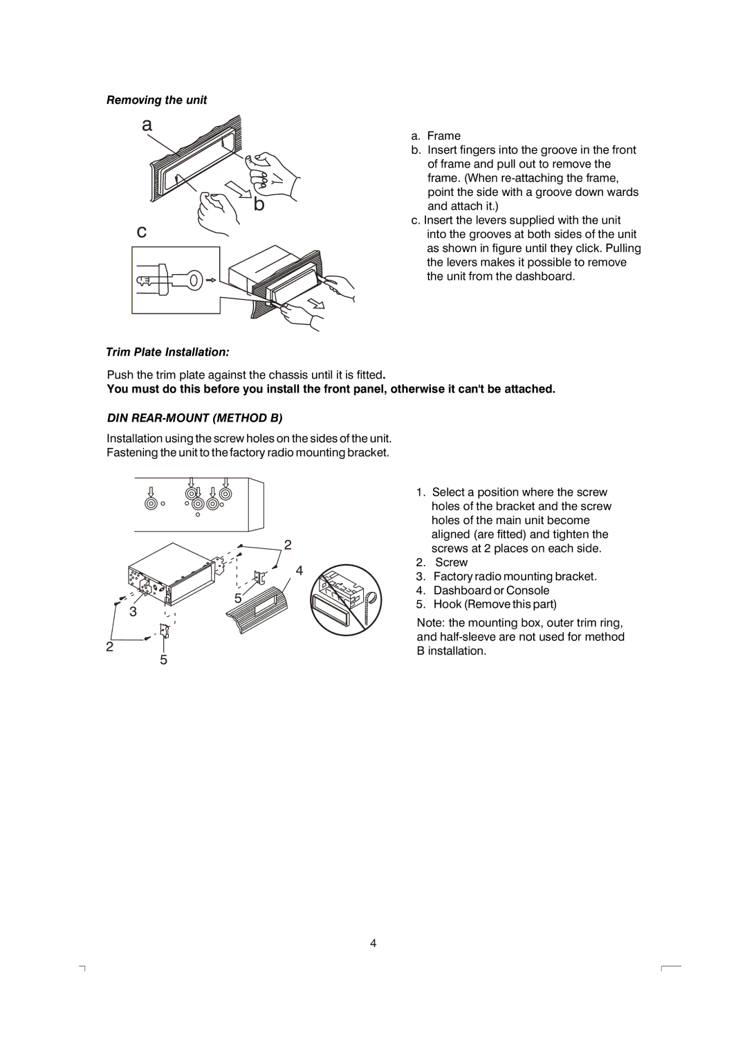 Boss Audio Systems MR1400S manual Removing the unit Trim Plate Installation, DIN REAR-MOUNT Method B 