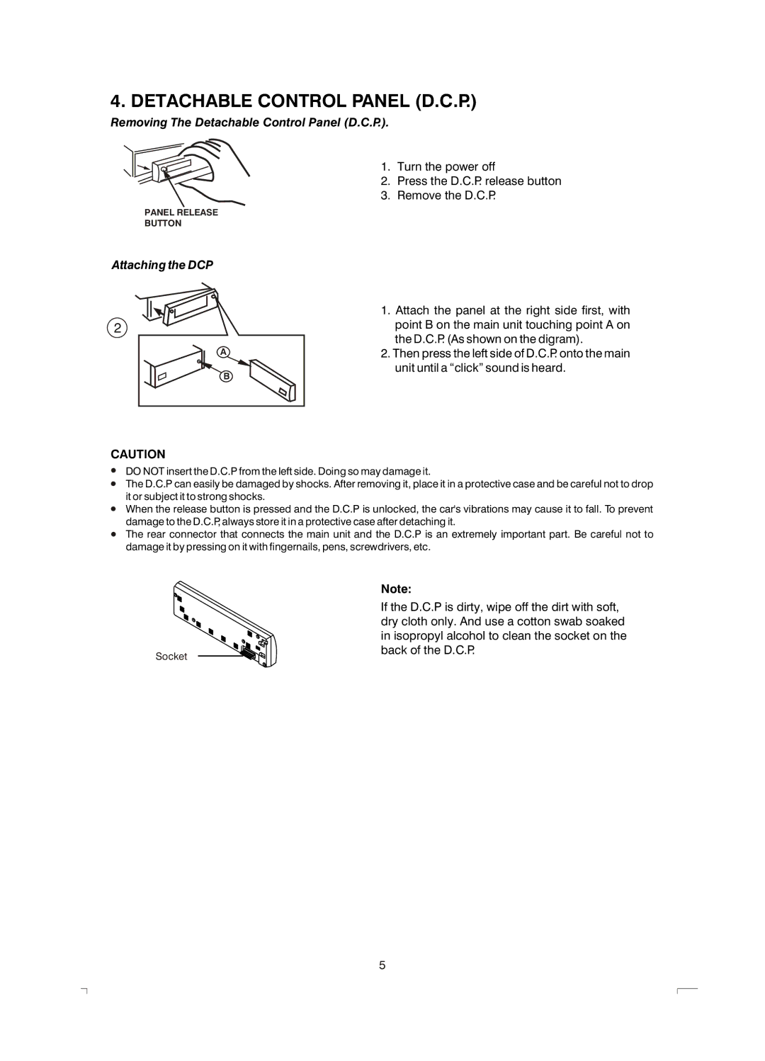 Boss Audio Systems MR1400S manual Removing The Detachable Control Panel D.C.P, Attaching the DCP 