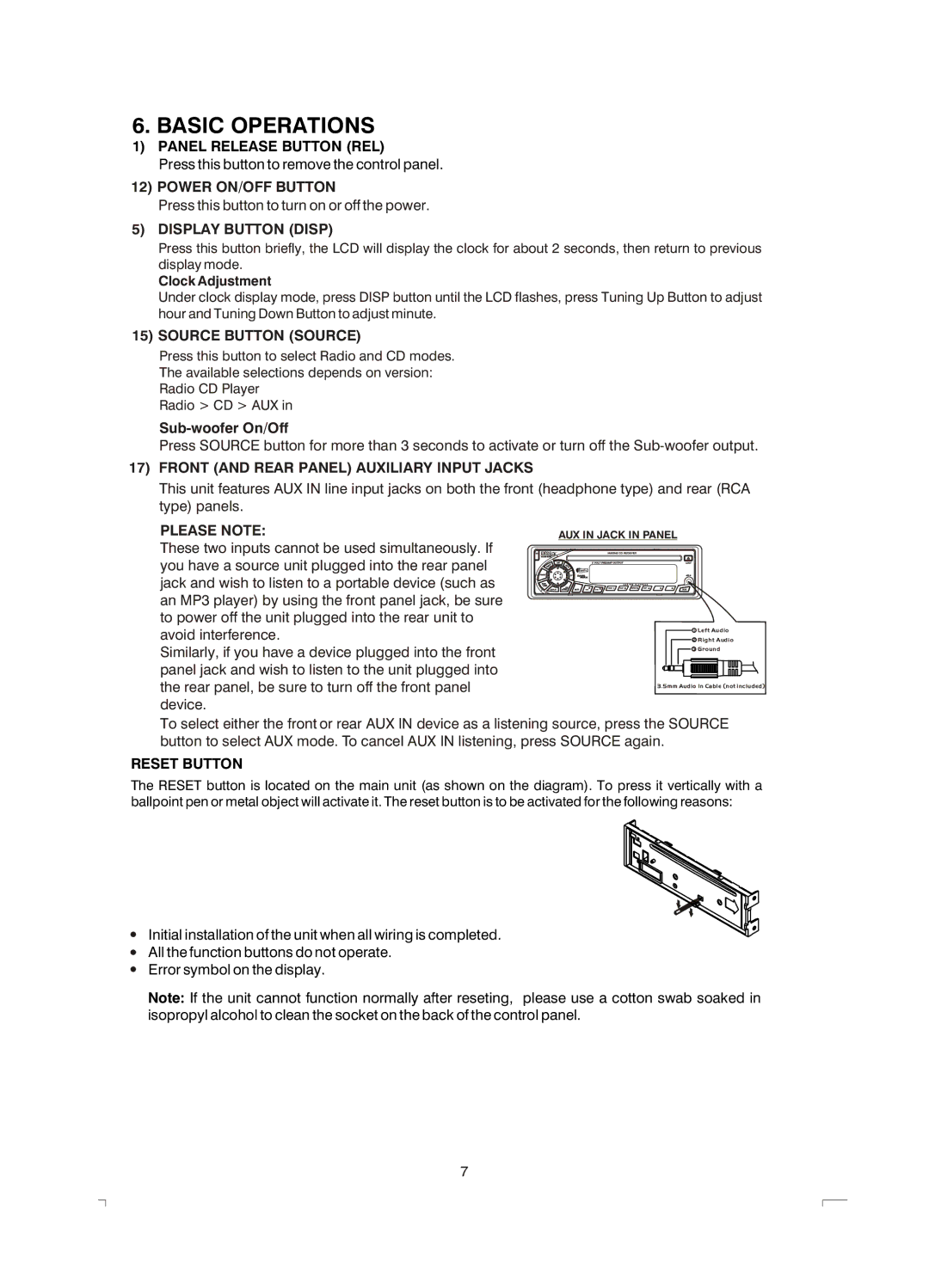 Boss Audio Systems MR1400S manual Basic Operations, Panel Release Button REL, Reset Button 