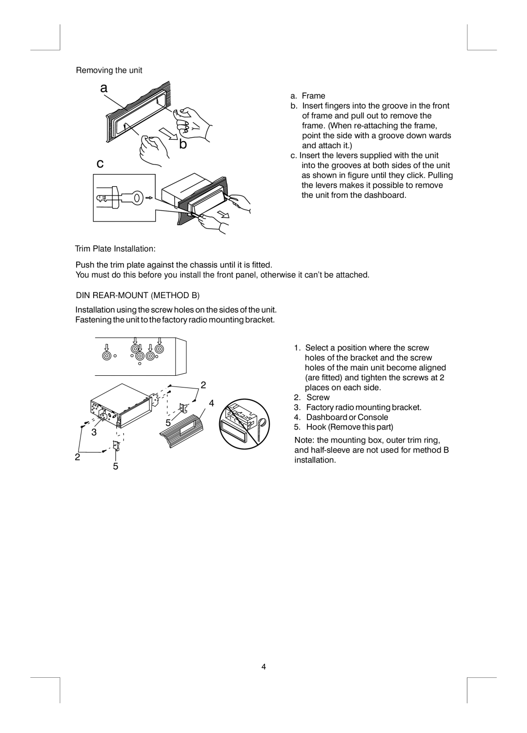 Boss Audio Systems MR1420W, mr1420s manual Removing the unit Trim Plate Installation, DIN REAR-MOUNT Method B 