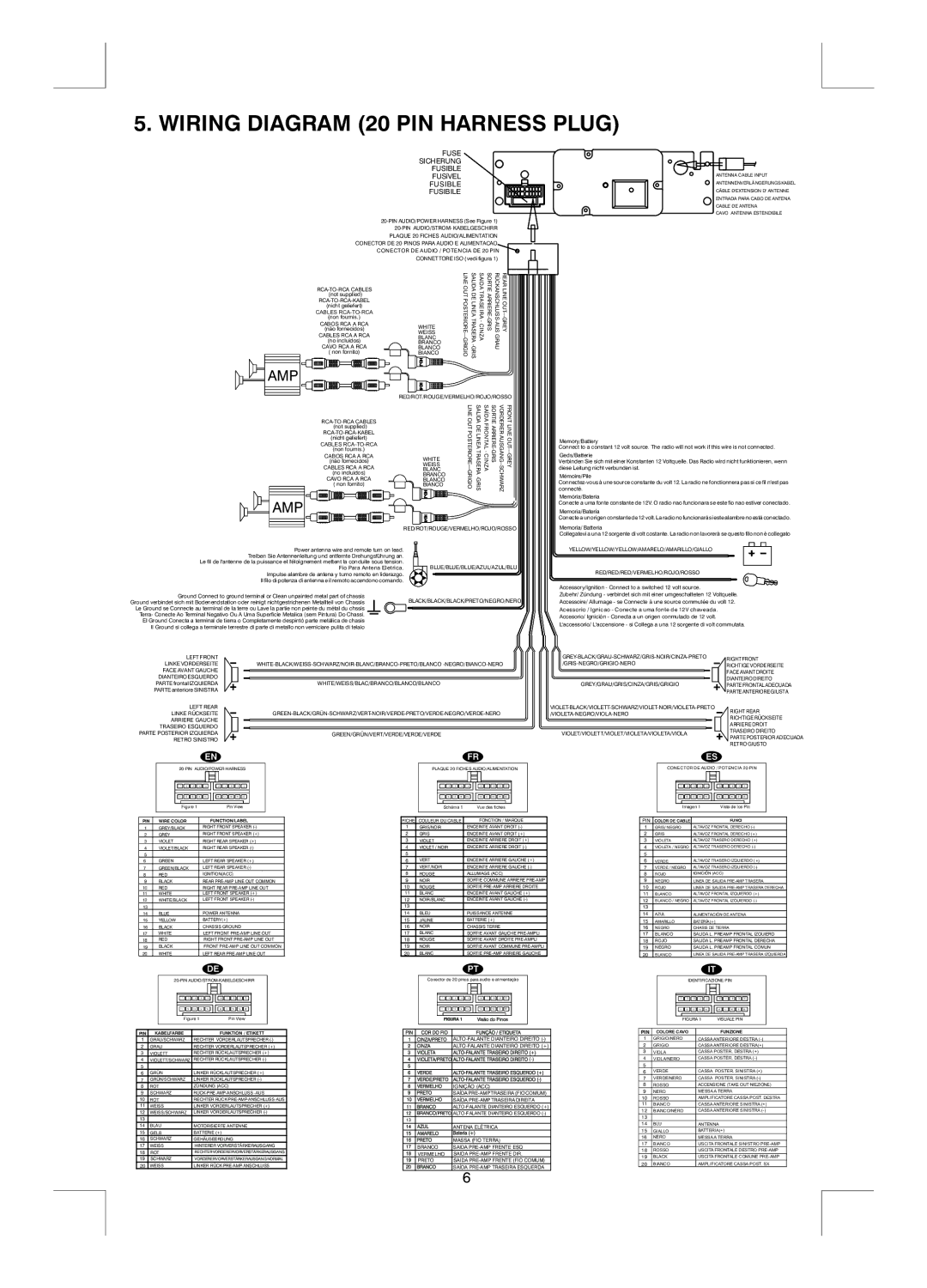 Boss Audio Systems MR1420W, mr1420s manual Wiring Diagram 20 PIN Harness Plug, Fusible Fusibile 