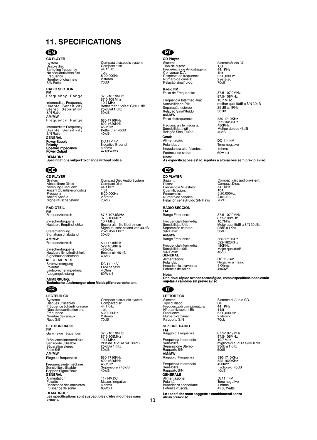 Boss Audio Systems mr1420s manual Specifications, CD Player 