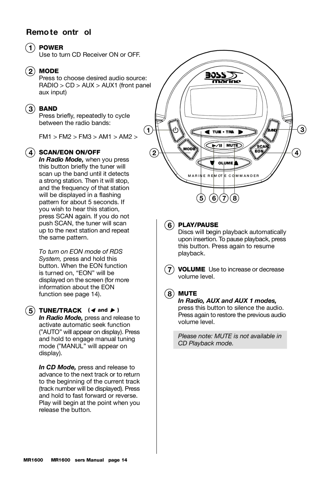 Boss Audio Systems MR1600S, MR1600W manual Remote Control, Mode, Scan/Eon On/Off, Play/Pause, Mute 