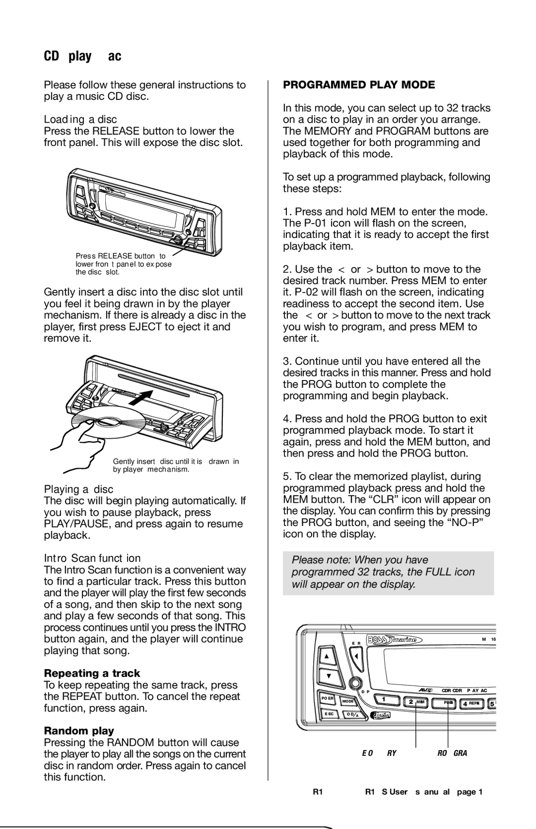 Boss Audio Systems MR1600W, MR1600S manual CD playback, Programmed Play Mode 