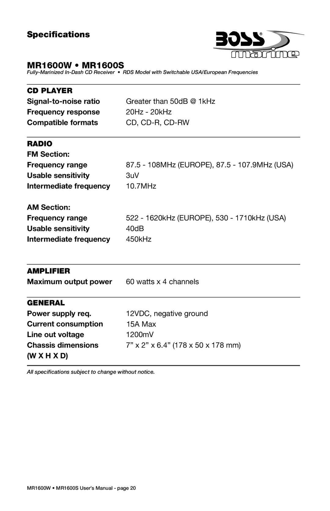 Boss Audio Systems manual Specifications MR1600W MR1600S, CD Player 