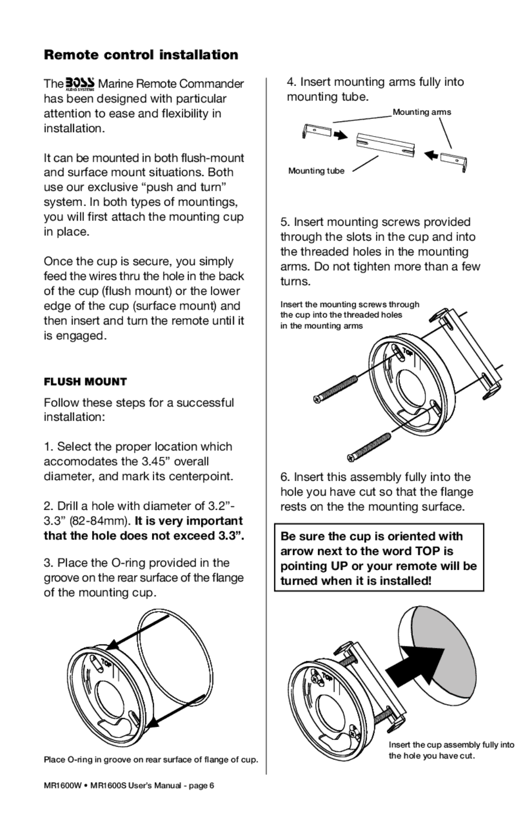 Boss Audio Systems MR1600S, MR1600W manual Remote control installation, Flush Mount 