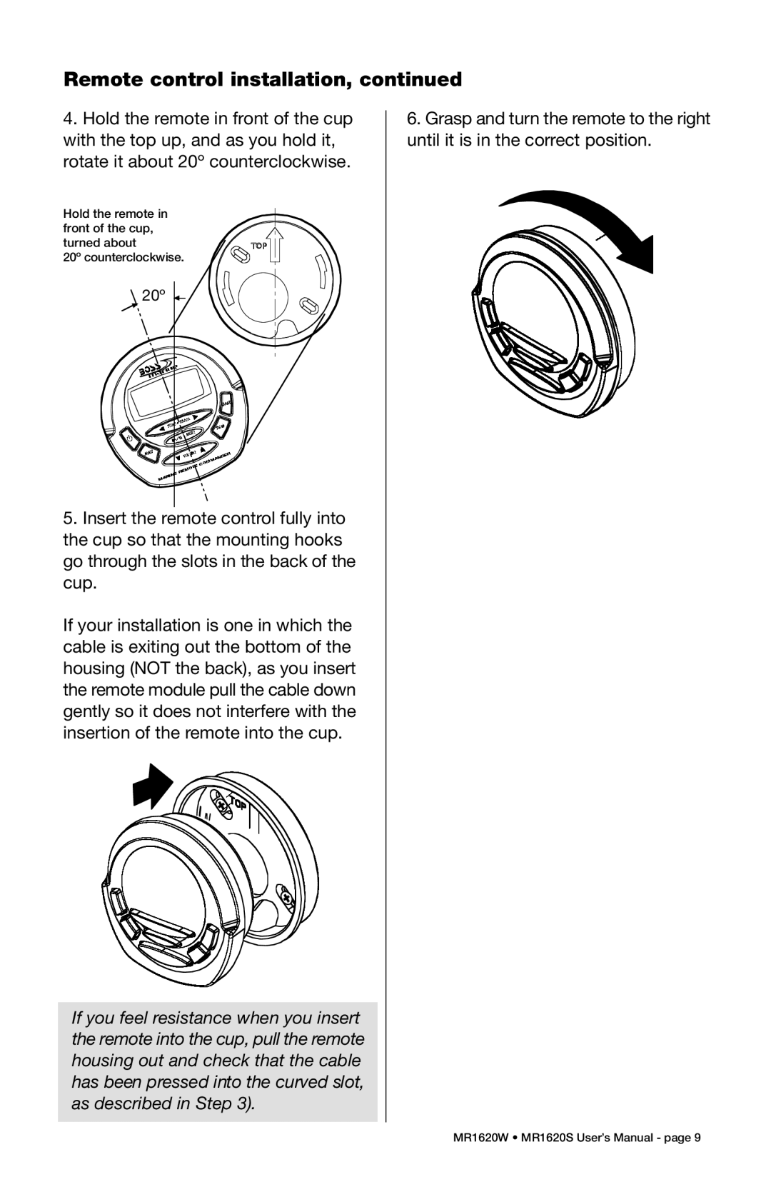 Boss Audio Systems MR1620W, MR1620S manual Remote control installation 
