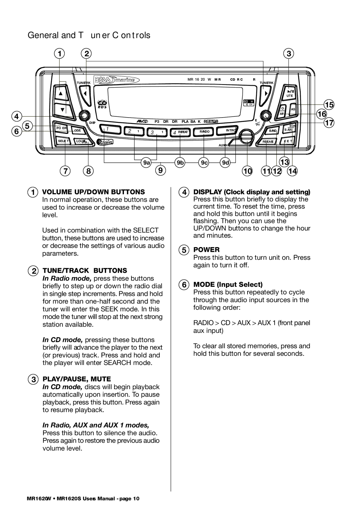 Boss Audio Systems MR1620S General and Tuner Controls, Volume UP/DOWN Buttons, TUNE/TRACK Buttons, PLAY/PAUSE, Mute, Power 