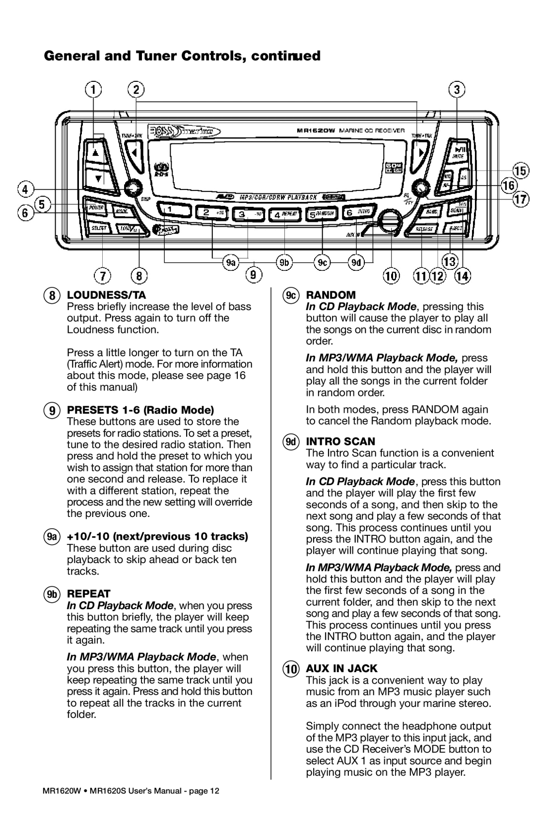 Boss Audio Systems MR1620S, MR1620W manual Loudness/Ta, 9c Random, 9d Intro Scan, AUX in Jack 