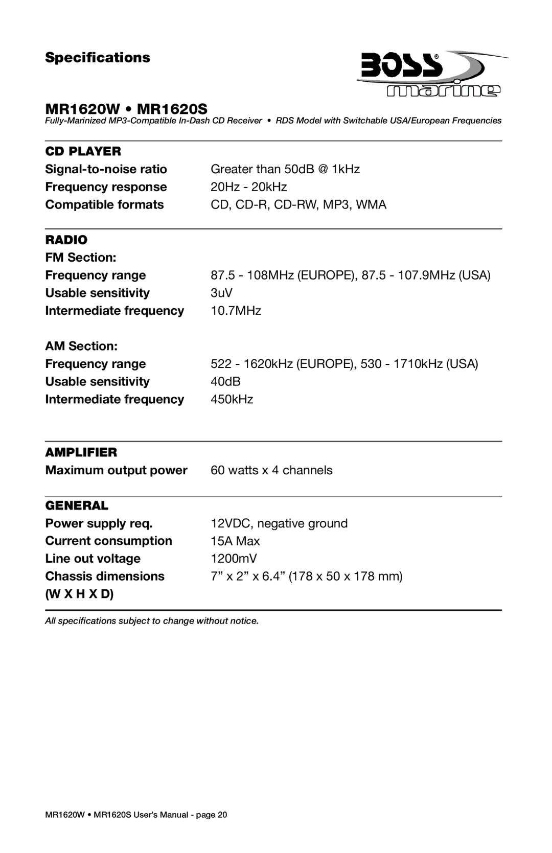 Boss Audio Systems manual Specifications MR1620W MR1620S, CD Player 