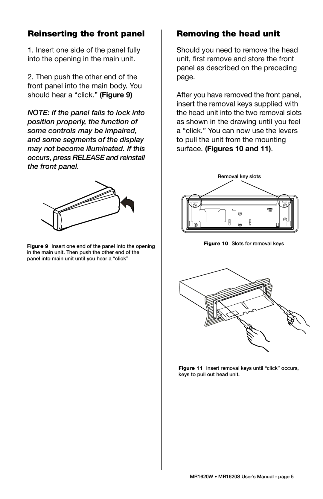 Boss Audio Systems MR1620W, MR1620S manual Reinserting the front panel, Removing the head unit 