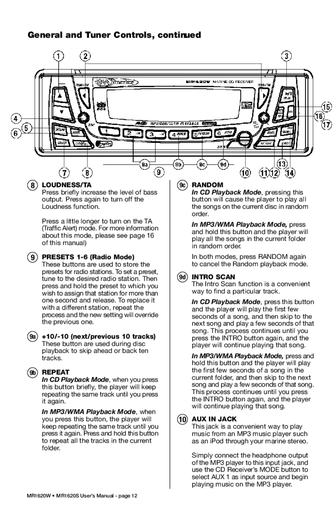 Boss Audio Systems MR1620S, MR1620W manual Loudness/Ta, 9c Random, 9d Intro Scan, AUX in Jack 