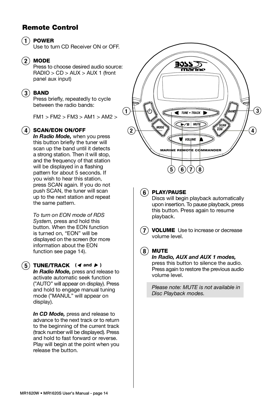 Boss Audio Systems MR1620S, MR1620W manual Remote Control, Mode, Scan/Eon On/Off, Play/Pause, Mute 